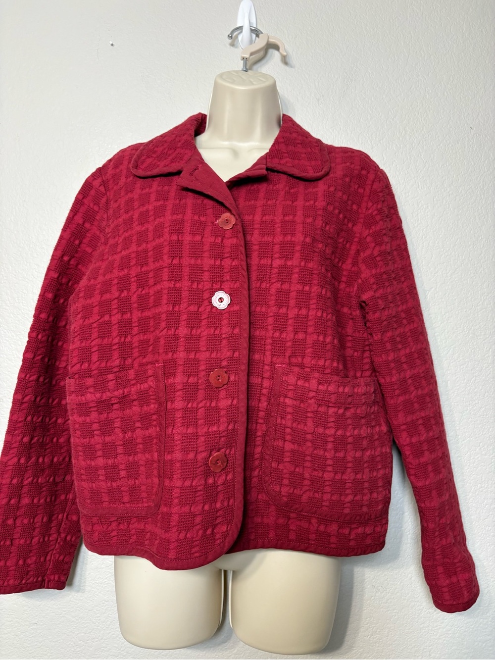 Vintage‎ Democracy 80’s-90’s Red Cotton Waffle WeaveTextured Button-Front Jacket